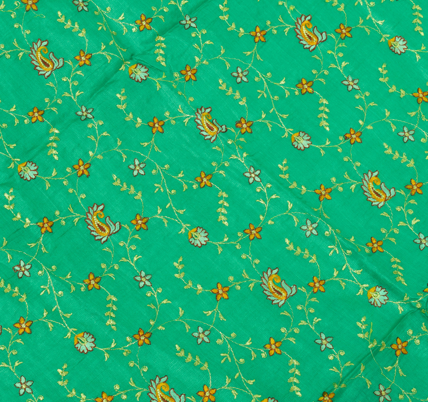 Sushila Vintage Green Sari Pure Silk Embroidered & Woven Floral Sari 5 YD Fabric