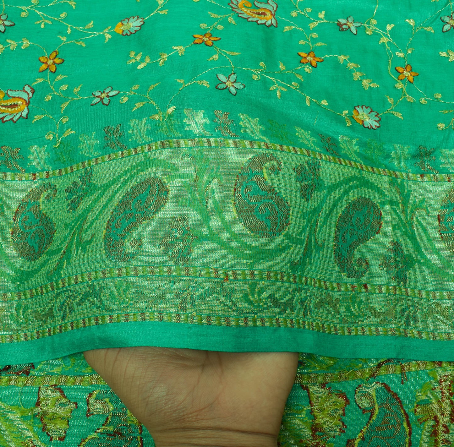 Sushila Vintage Green Sari Pure Silk Embroidered & Woven Floral Sari 5 YD Fabric