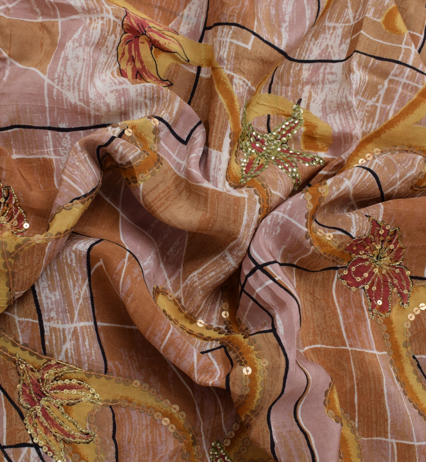 Sushila Vintage Indian Saree Pure Silk Printed & Embroidered Floral Sari Fabric