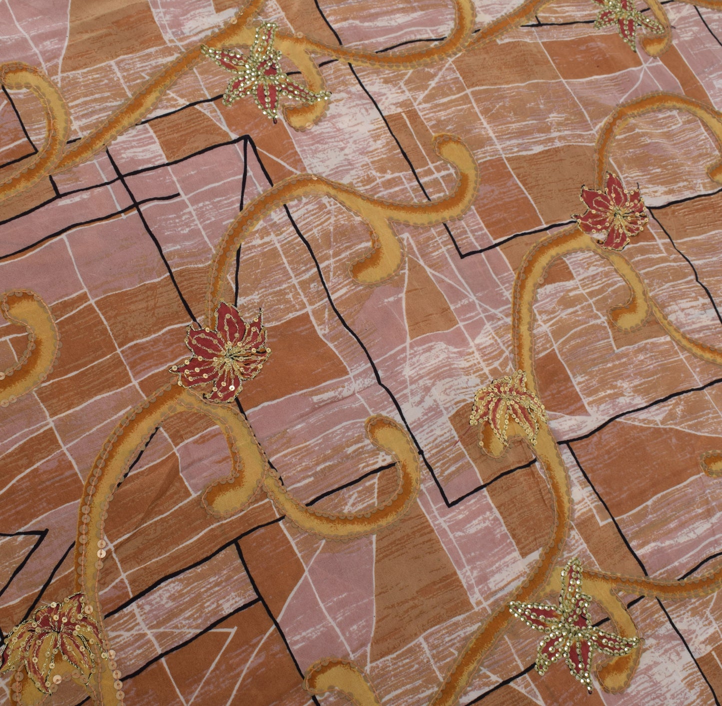 Sushila Vintage Indian Saree Pure Silk Printed & Embroidered Floral Sari Fabric