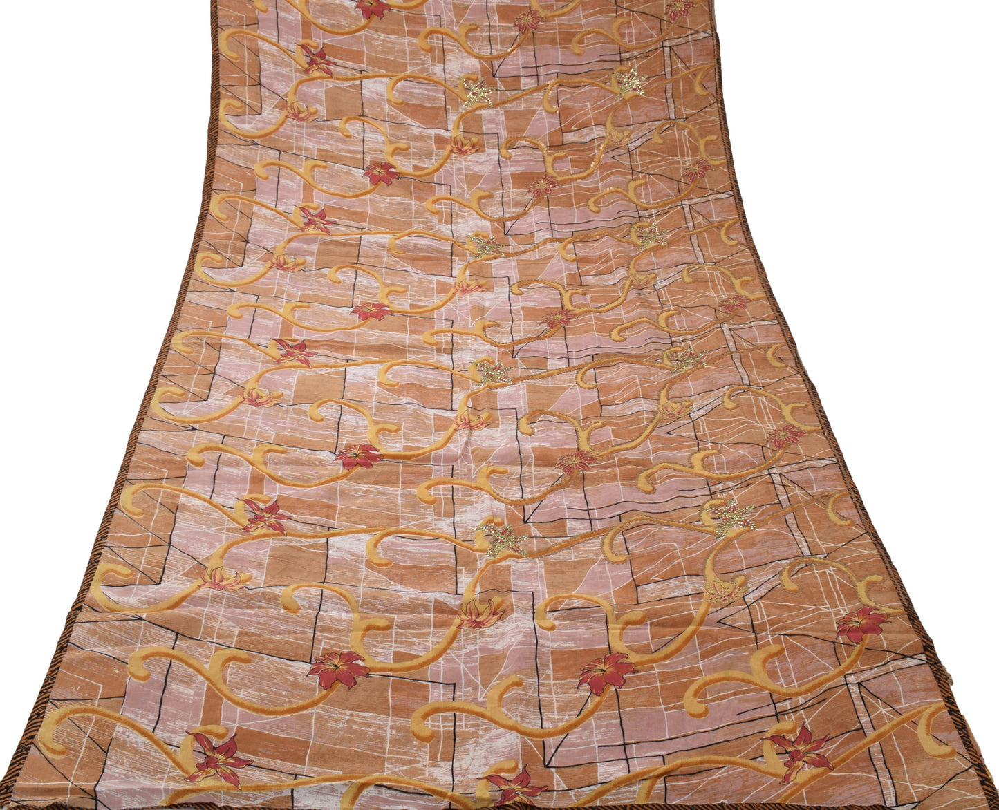 Sushila Vintage Indian Saree Pure Silk Printed & Embroidered Floral Sari Fabric