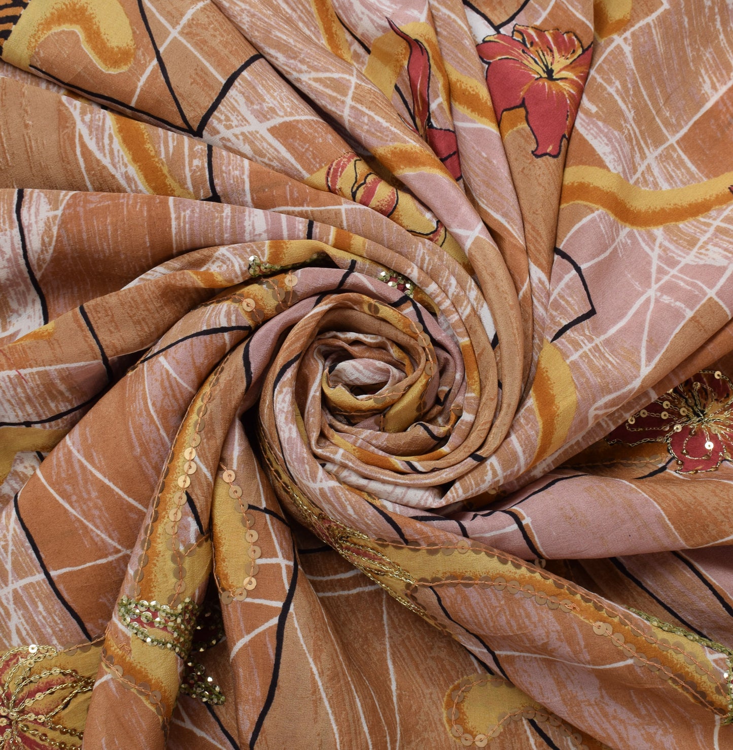 Sushila Vintage Indian Saree Pure Silk Printed & Embroidered Floral Sari Fabric