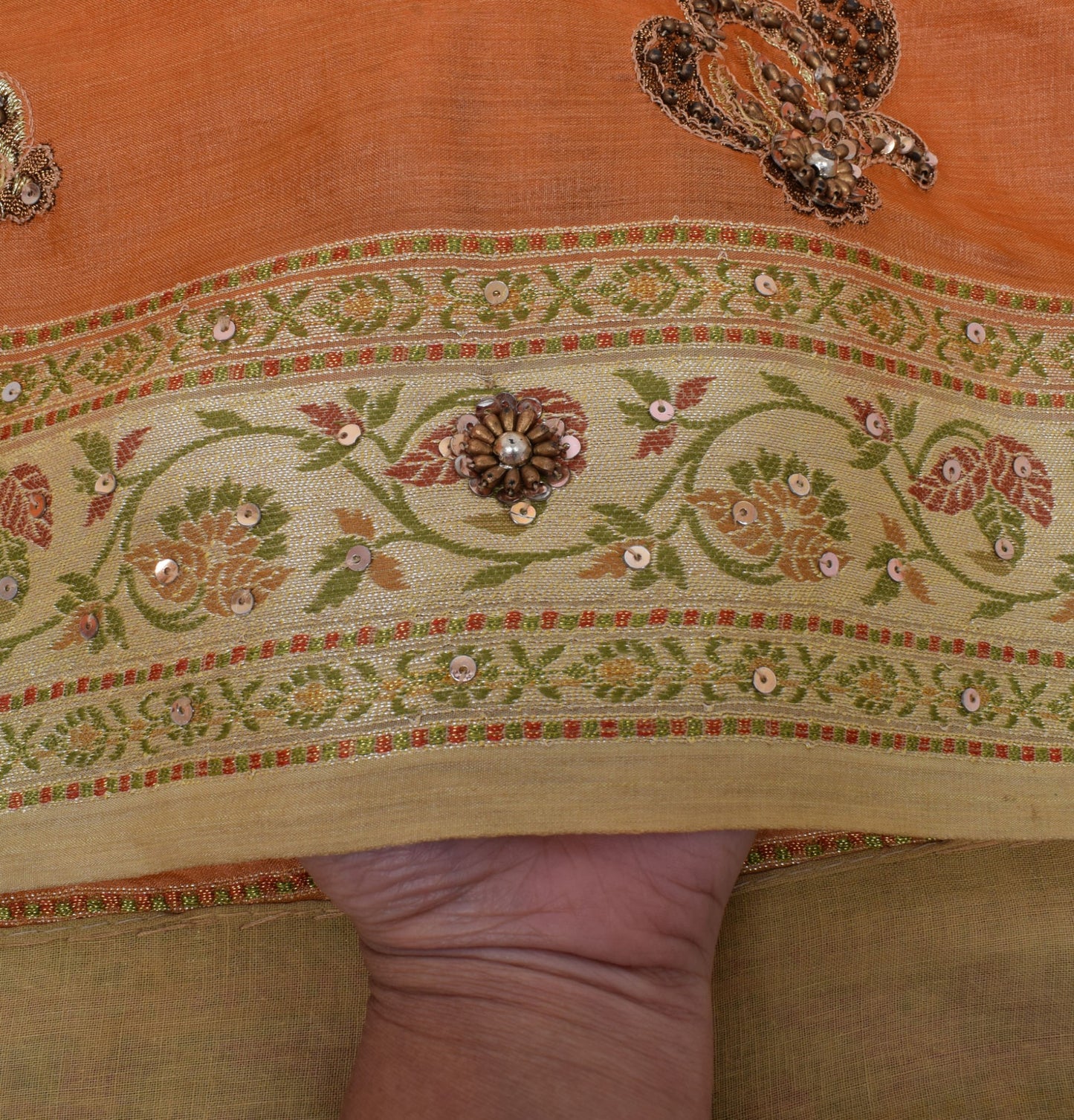 Sushila Vintage Rust Saree 100% Pure Silk Woven & Hand Beaded Floral Sari Fabric