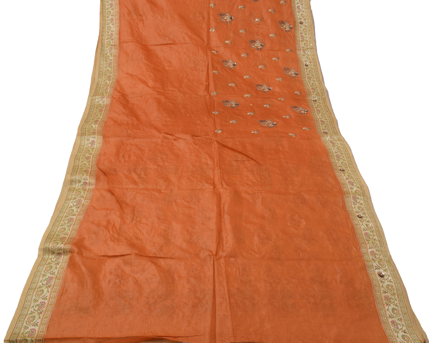 Sushila Vintage Rust Saree 100% Pure Silk Woven & Hand Beaded Floral Sari Fabric