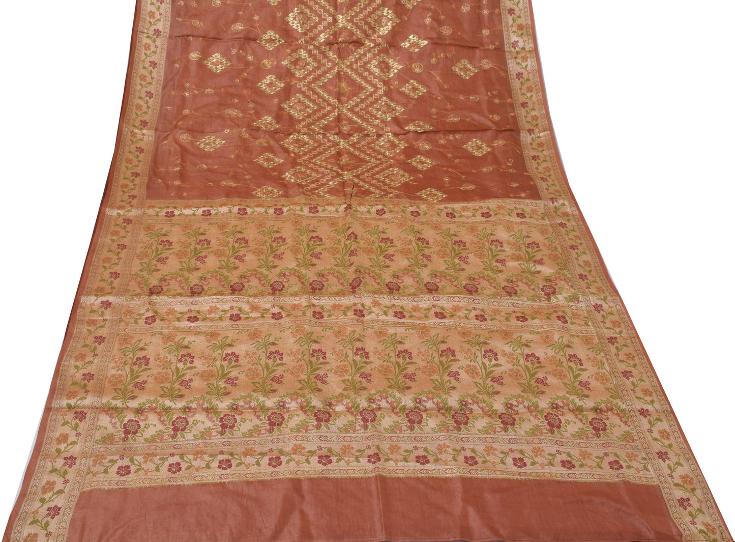 Sushila Vintage Brown Saree Pure Tussra Silk Embroidered & Woven Floral Sari Fabric