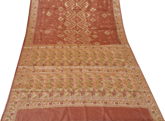 Sushila Vintage Brown Saree Pure Tussra Silk Embroidered & Woven Floral Sari Fabric