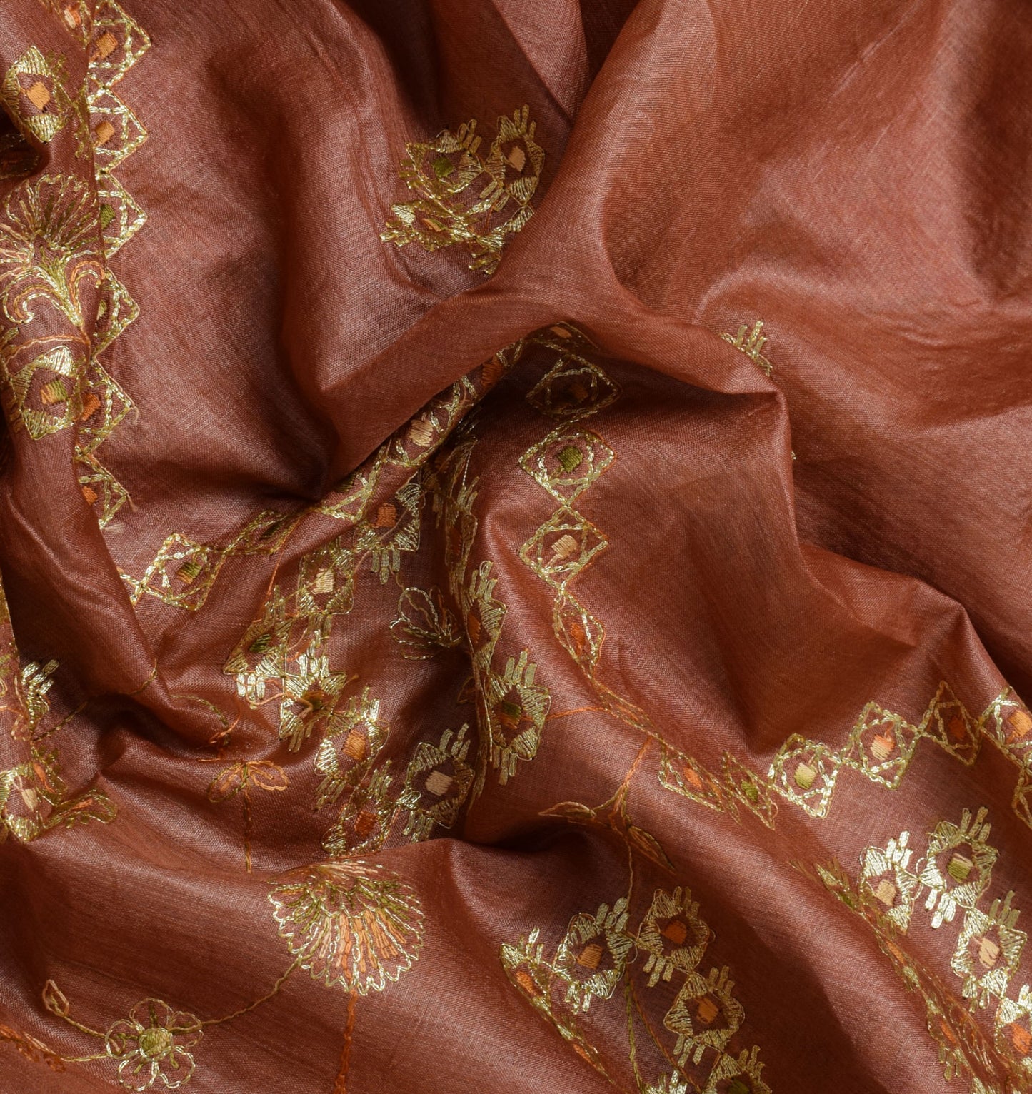 Sushila Vintage Brown Saree Pure Tussra Silk Embroidered & Woven Floral Sari Fabric