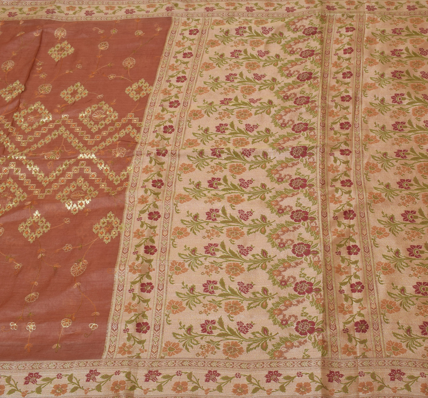 Sushila Vintage Brown Saree Pure Tussra Silk Embroidered & Woven Floral Sari Fabric