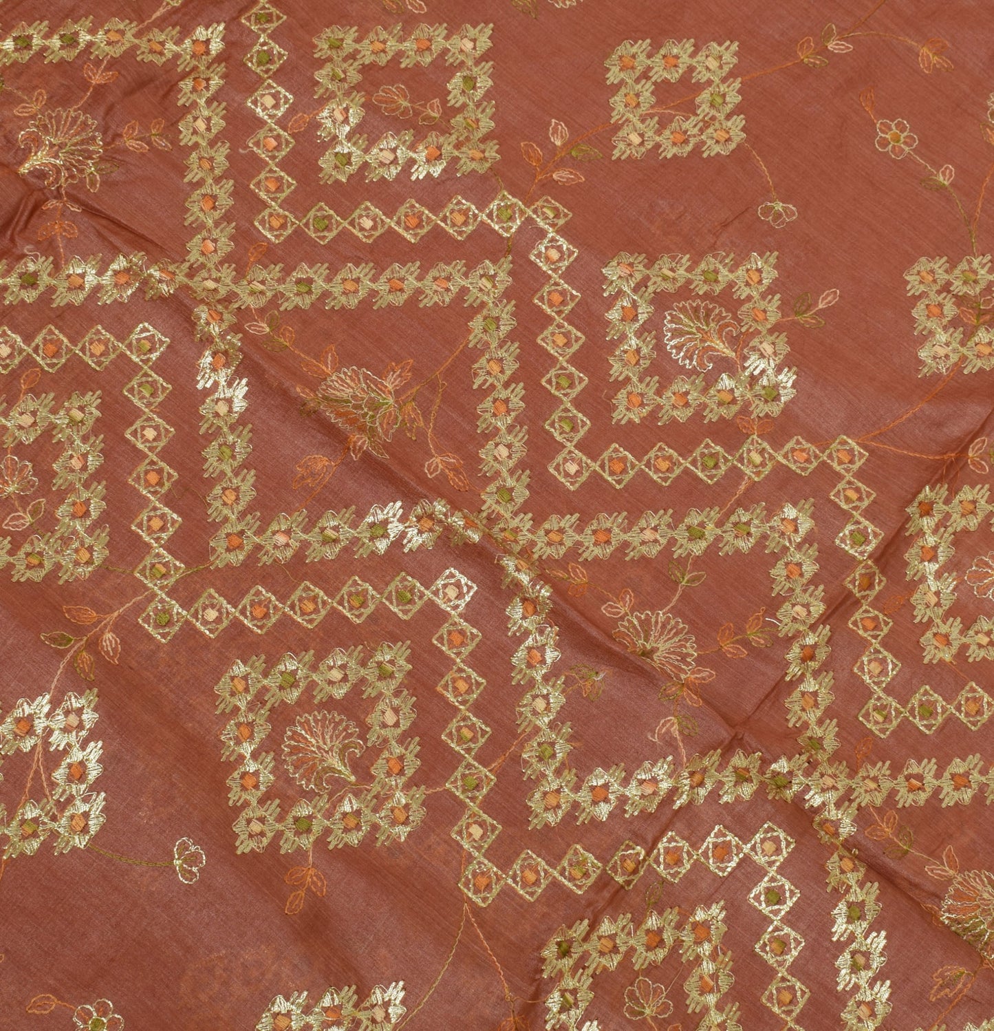 Sushila Vintage Brown Saree Pure Tussra Silk Embroidered & Woven Floral Sari Fabric