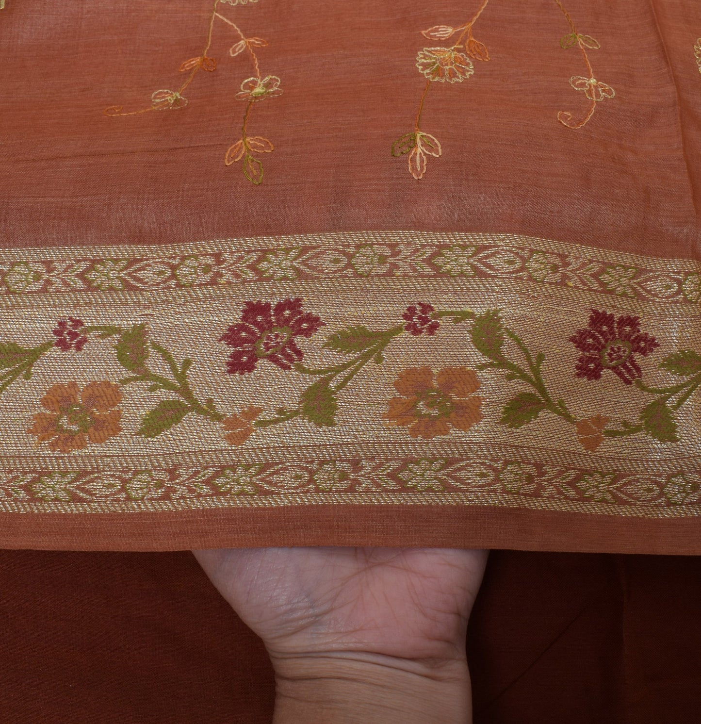 Sushila Vintage Brown Saree Pure Tussra Silk Embroidered & Woven Floral Sari Fabric
