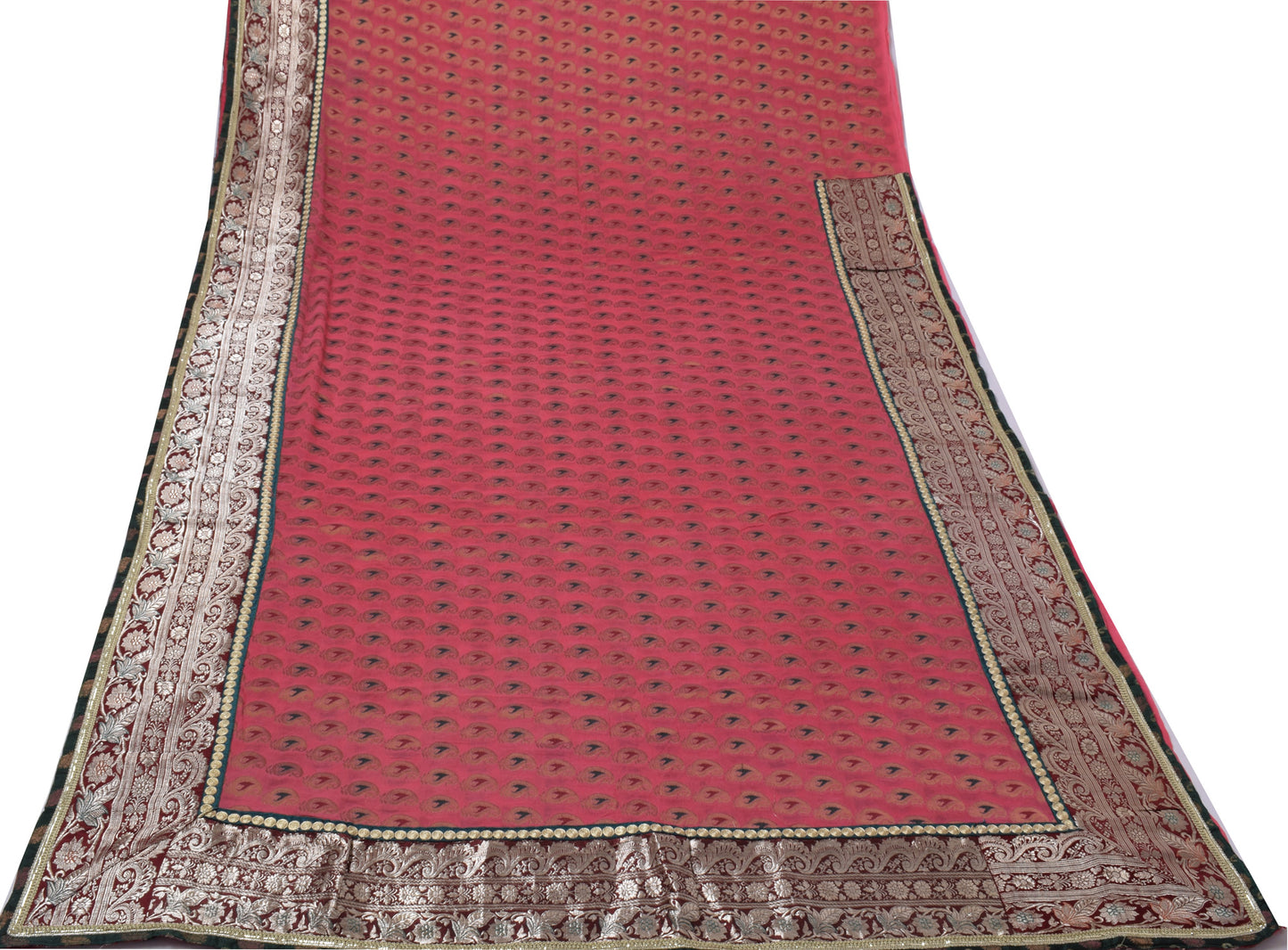 Sushila Vintage Banarasi Brocade Saree Pure Georgette HEAVY Pink 5Yd Sari Craft Fabric