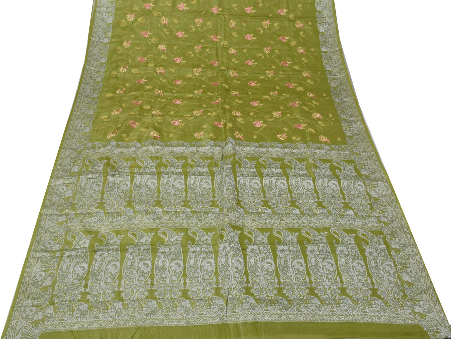 Sushila Vintage Green Sari Pure Tussar Silk Woven & Embroidered Floral Sari Fabric