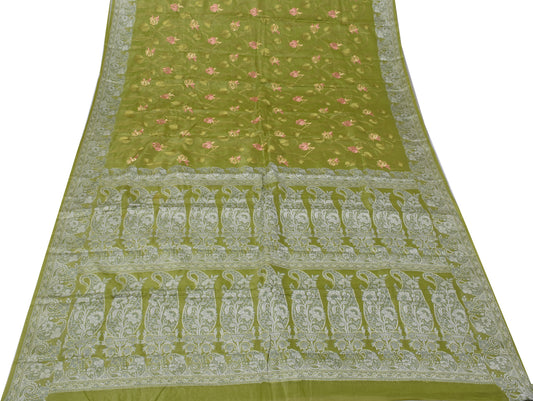 Sushila Vintage Green Sari Pure Tussar Silk Woven & Embroidered Floral Sari Fabric