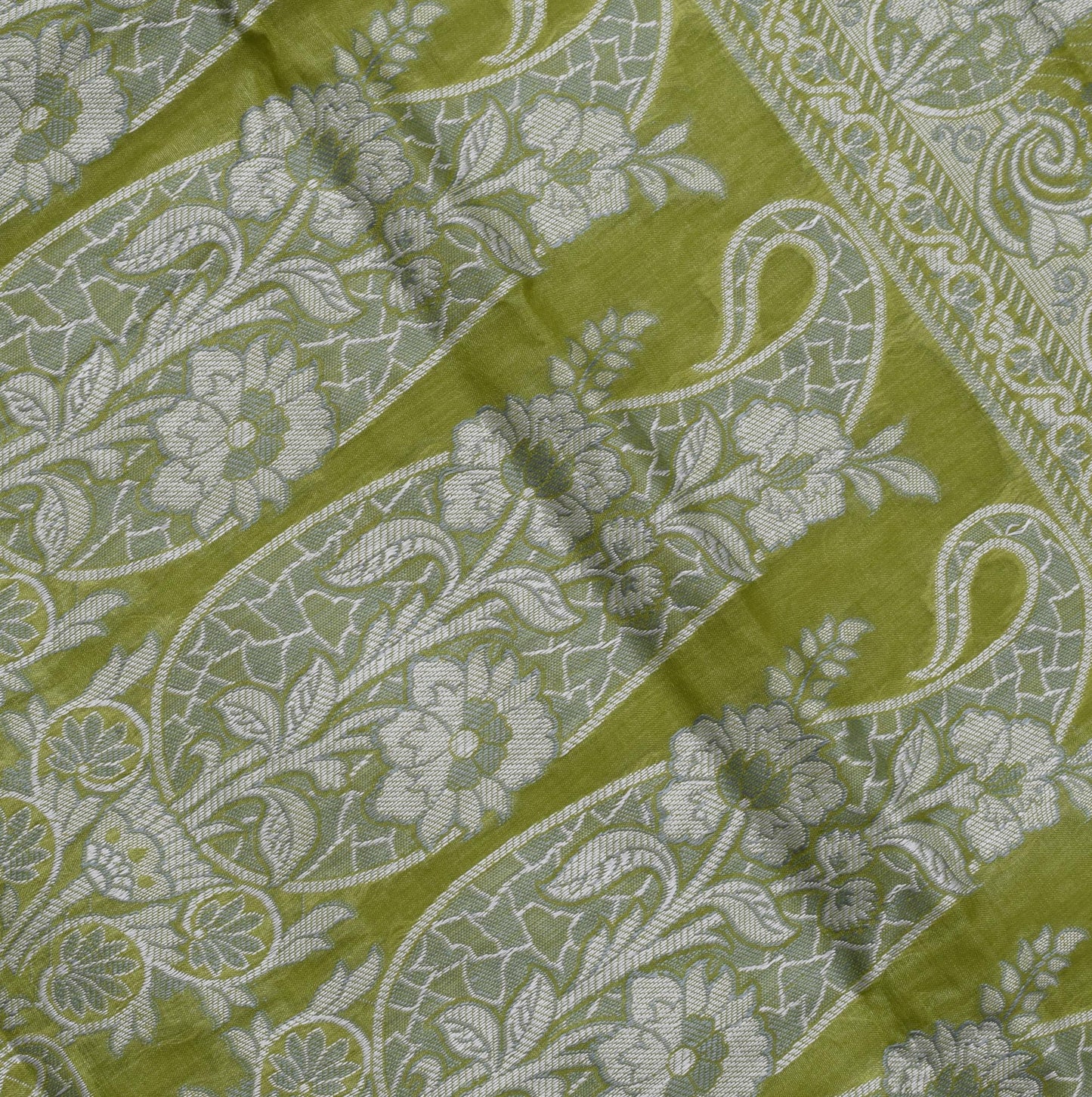 Sushila Vintage Green Sari Pure Tussar Silk Woven & Embroidered Floral Sari Fabric