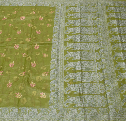Sushila Vintage Green Sari Pure Tussar Silk Woven & Embroidered Floral Sari Fabric