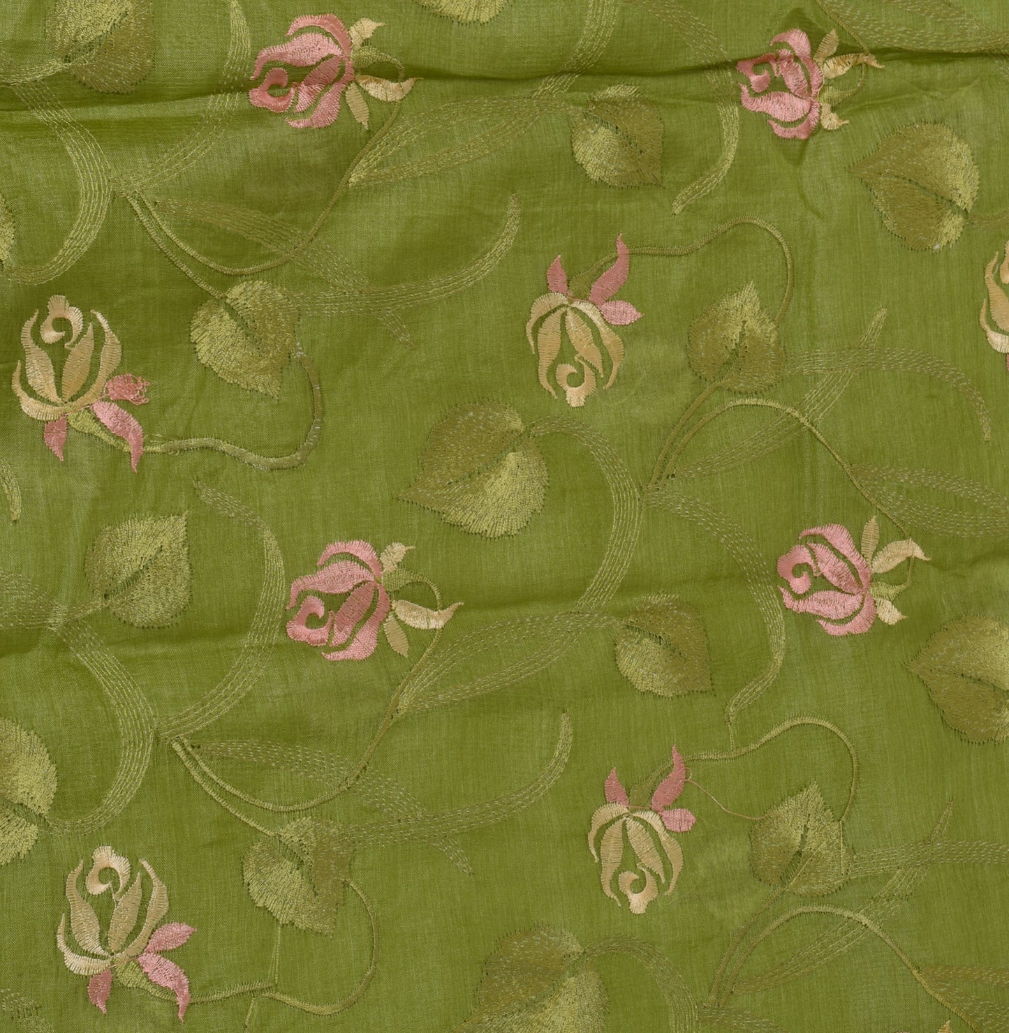 Sushila Vintage Green Sari Pure Tussar Silk Woven & Embroidered Floral Sari Fabric