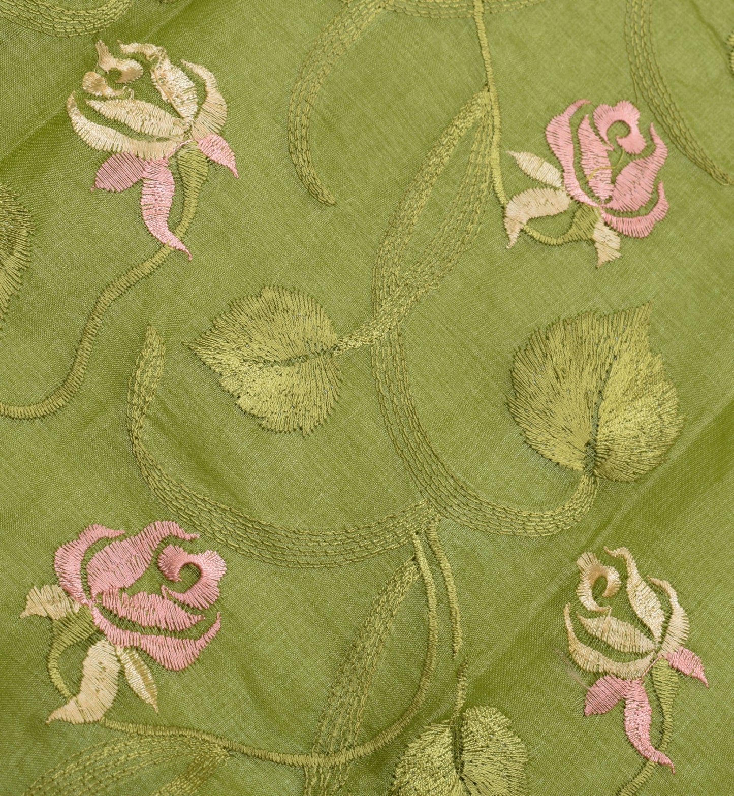 Sushila Vintage Green Sari Pure Tussar Silk Woven & Embroidered Floral Sari Fabric
