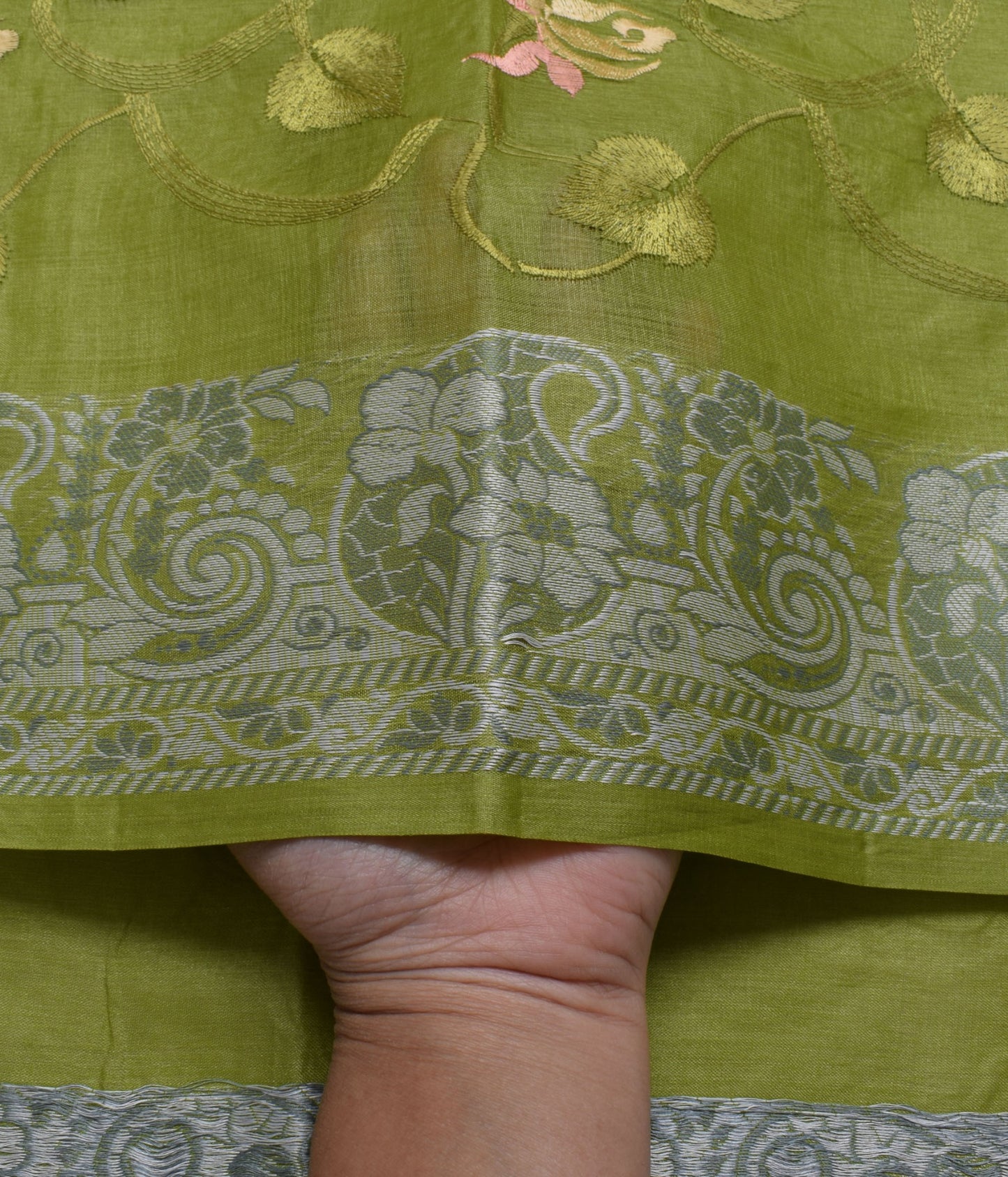 Sushila Vintage Green Sari Pure Tussar Silk Woven & Embroidered Floral Sari Fabric