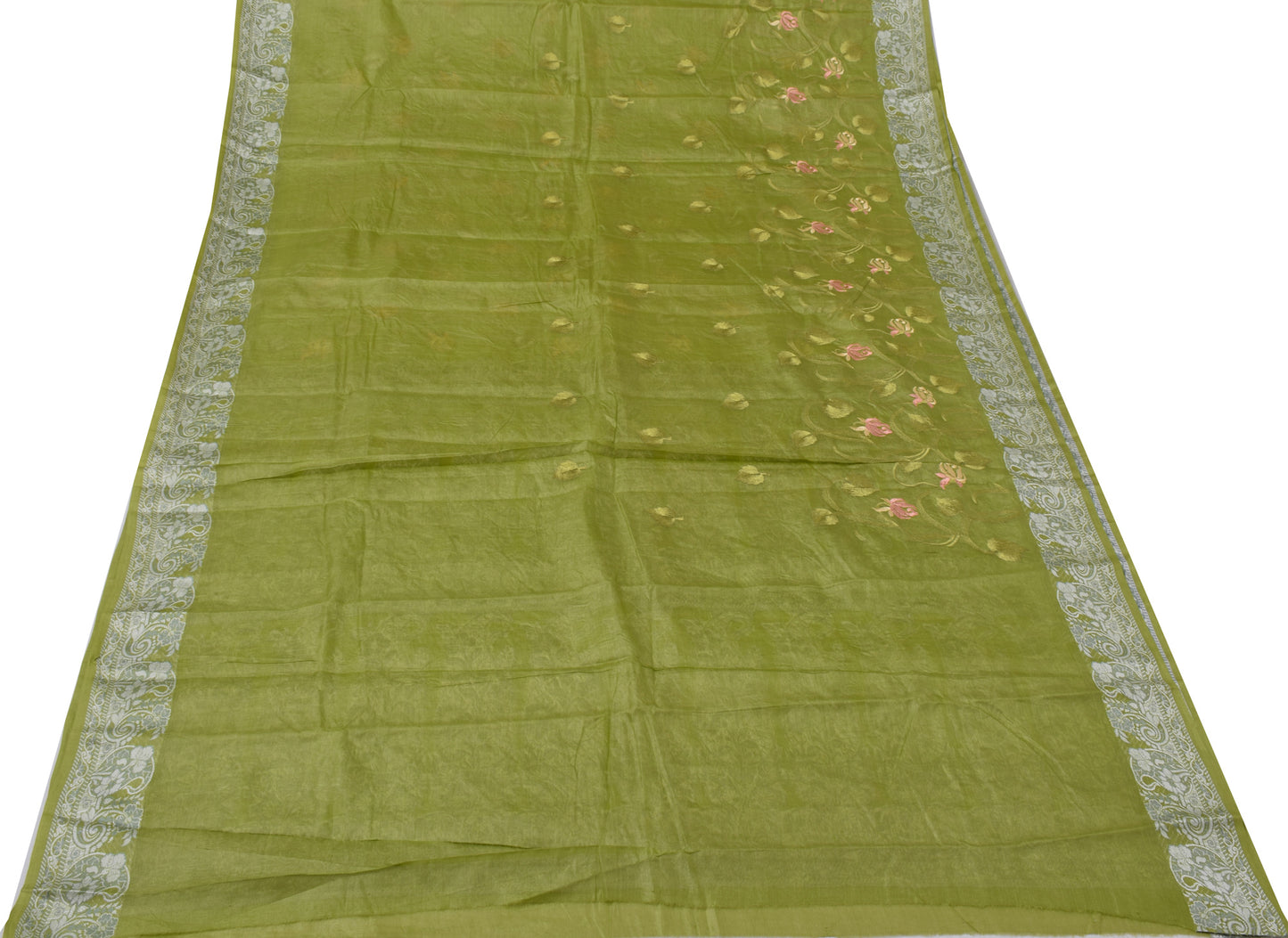 Sushila Vintage Green Sari Pure Tussar Silk Woven & Embroidered Floral Sari Fabric