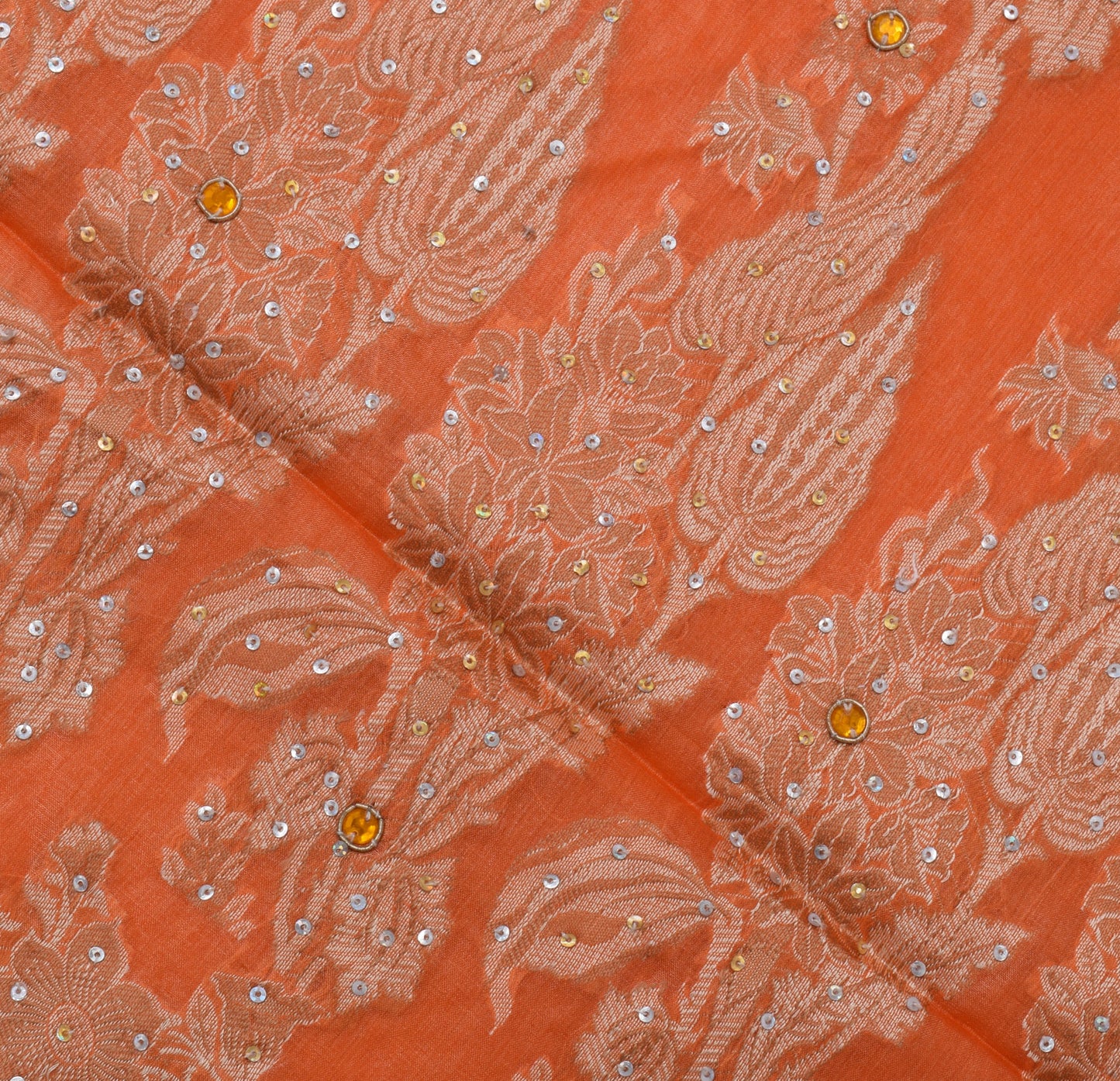 Sushila Vintage Orange Sari Pure Silk Woven & Embroidered Floral Sari 5YD Fabric
