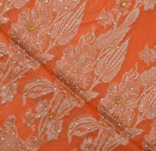 Sushila Vintage Orange Sari Pure Silk Woven & Embroidered Floral Sari 5YD Fabric