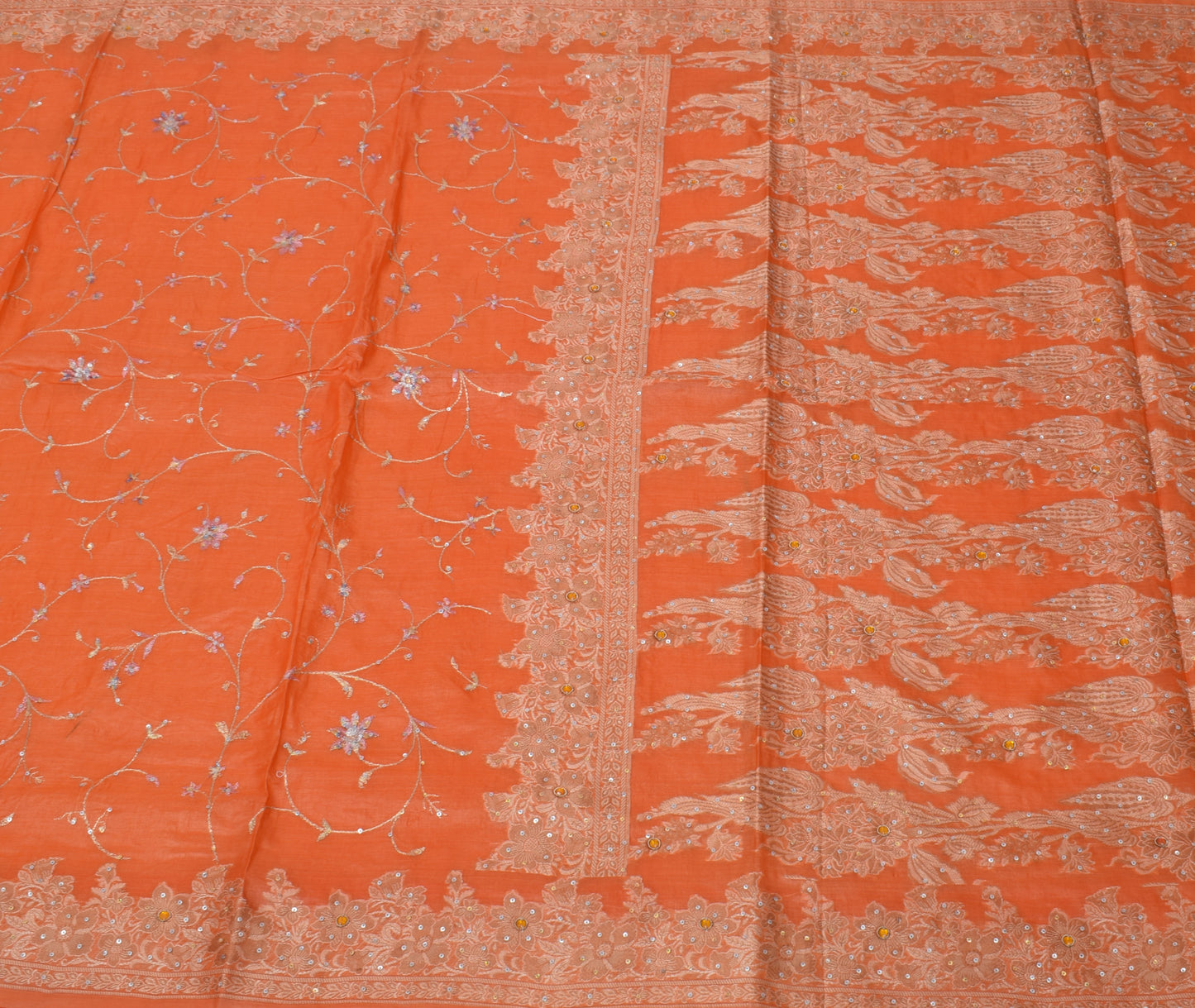 Sushila Vintage Orange Sari Pure Silk Woven & Embroidered Floral Sari 5YD Fabric