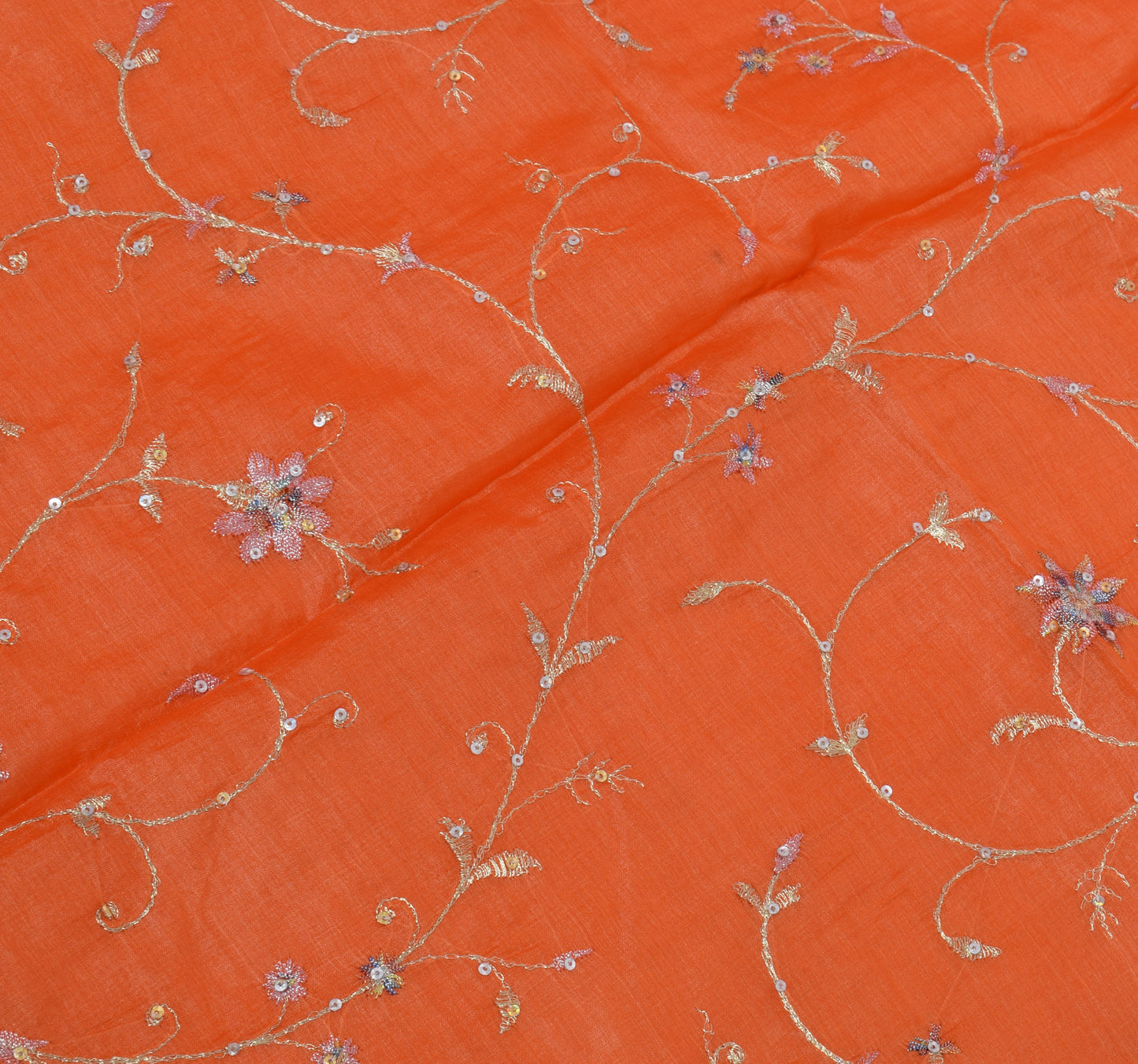 Sushila Vintage Orange Sari Pure Silk Woven & Embroidered Floral Sari 5YD Fabric