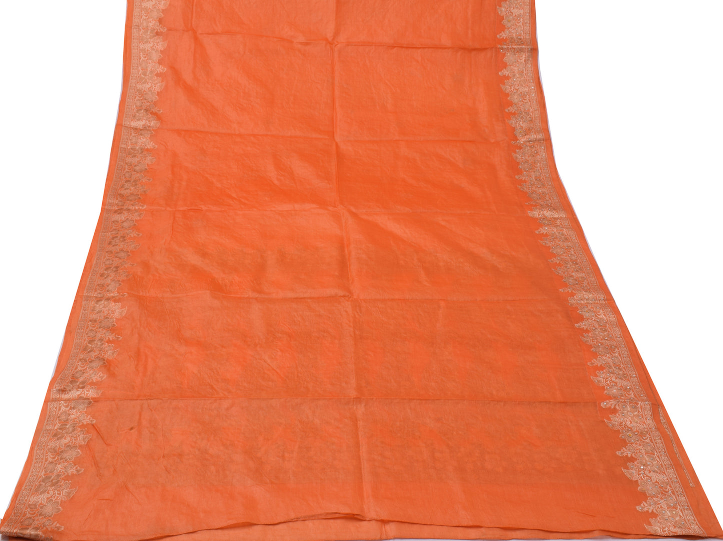 Sushila Vintage Orange Sari Pure Silk Woven & Embroidered Floral Sari 5YD Fabric