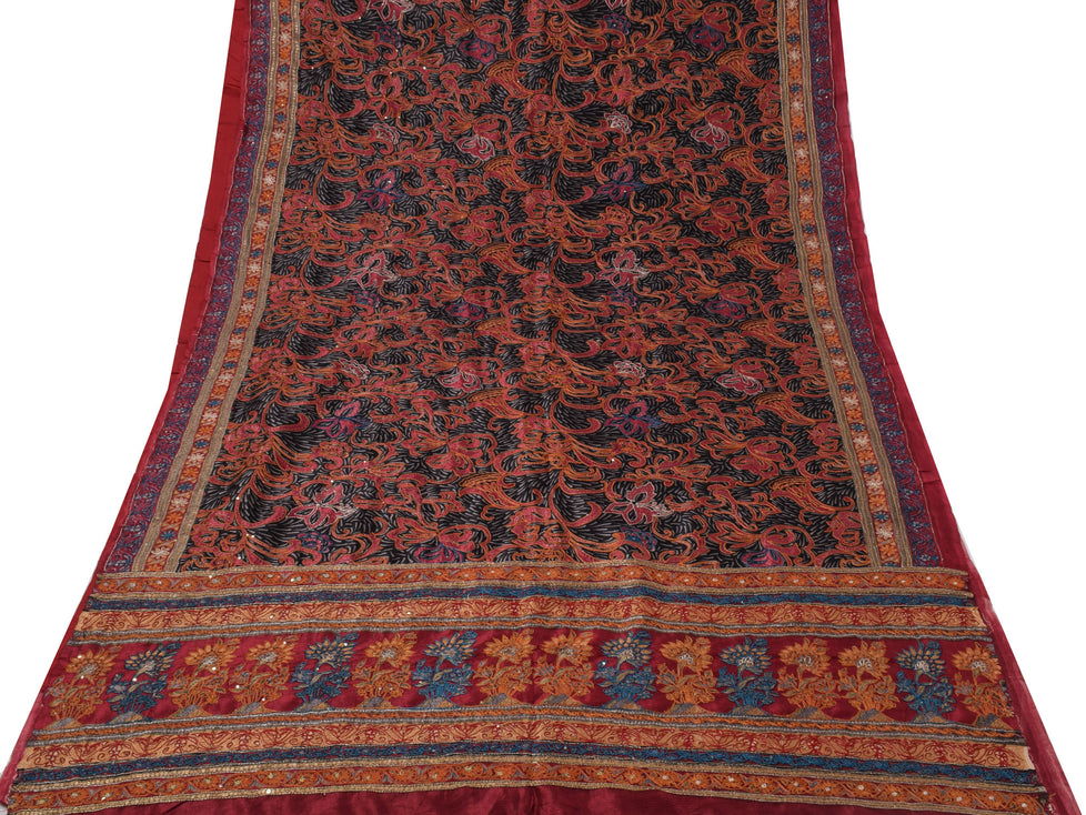 Sushila Vintage Black Saree 100% Pure Silk Printed & Embroidered Sari Fabric