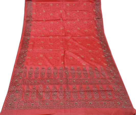 Sushila Vintage Peach Saree 100% Pure Silk Hand Beaded Floral Sari 5 Yard Fabric