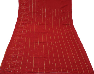 Sushila Vintage Red Sari Pure Georgette Silk Hand Embroidered Kantha Sari Fabric