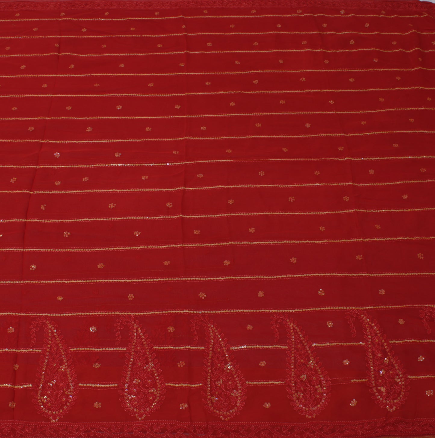 Sushila Vintage Red Sari Pure Georgette Silk Hand Embroidered Kantha Sari Fabric