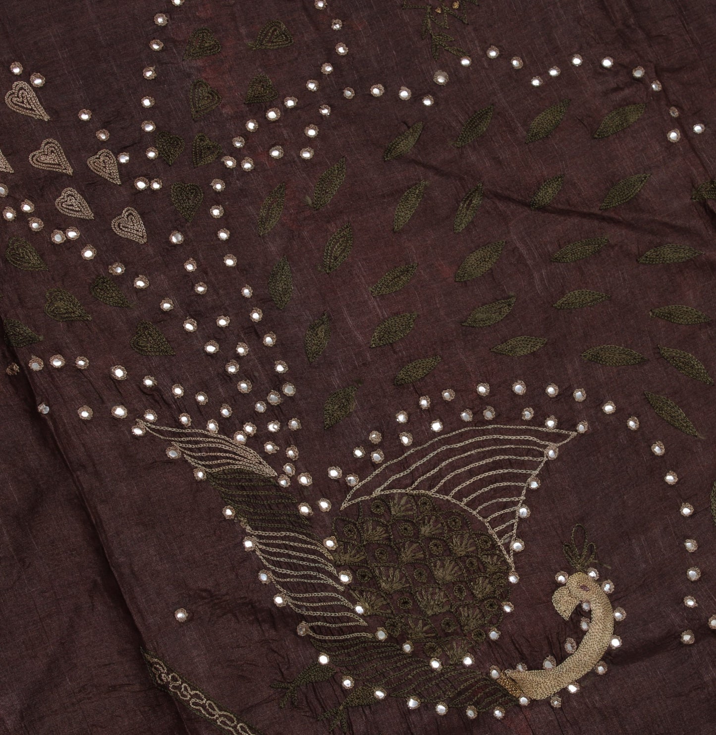 Sushila Vintage Brown Indian Saree Pure Silk Embroidered Floral Sari Fabric