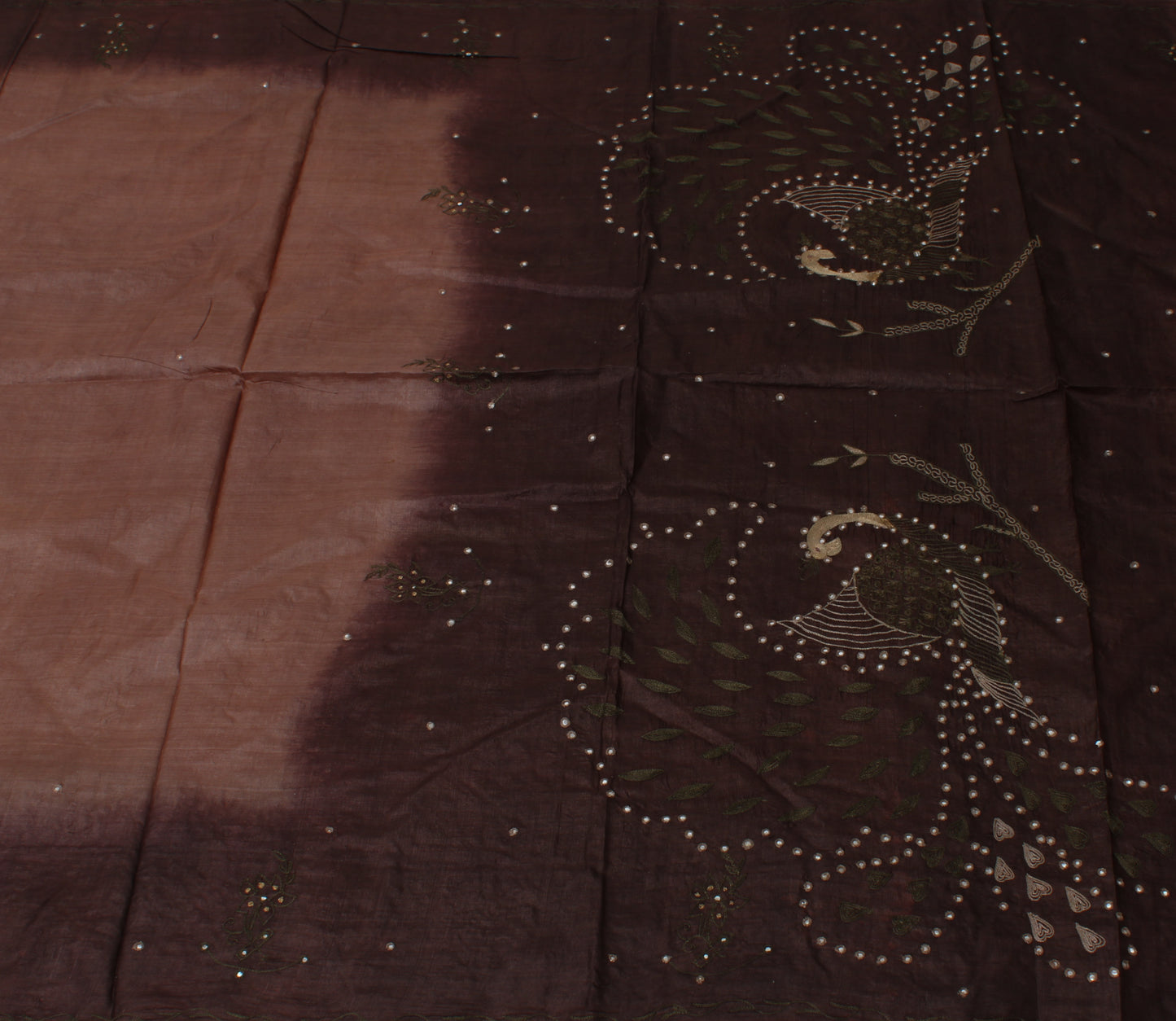 Sushila Vintage Brown Indian Saree Pure Silk Embroidered Floral Sari Fabric