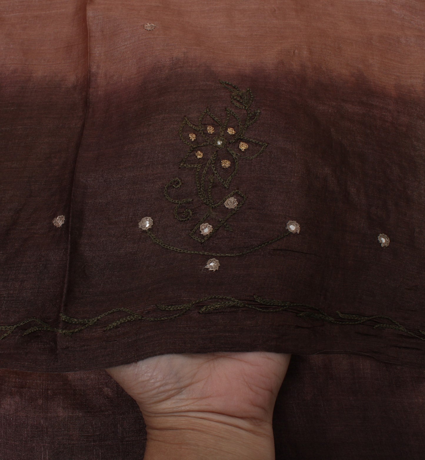 Sushila Vintage Brown Indian Saree Pure Silk Embroidered Floral Sari Fabric