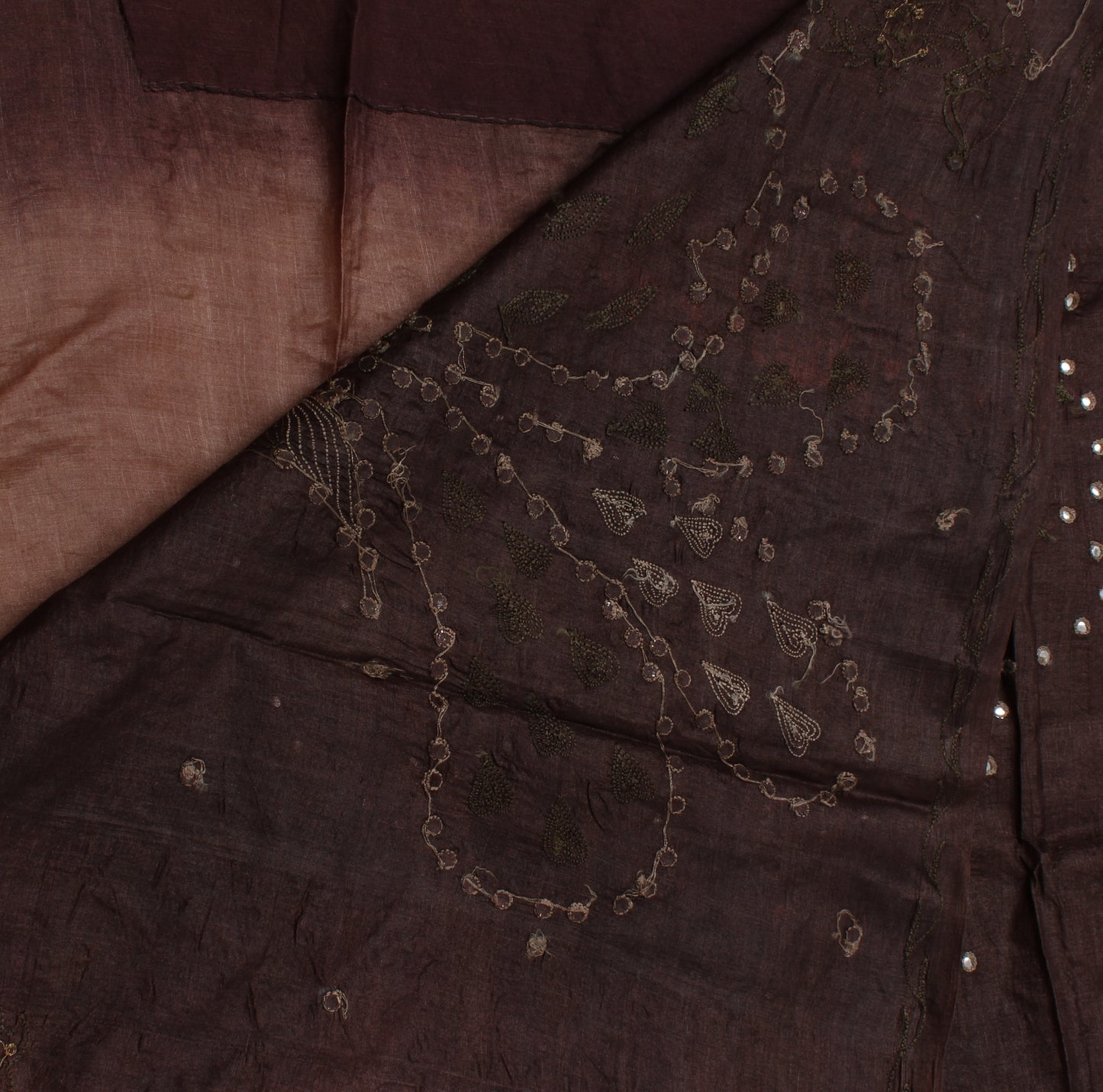 Sushila Vintage Brown Indian Saree Pure Silk Embroidered Floral Sari Fabric