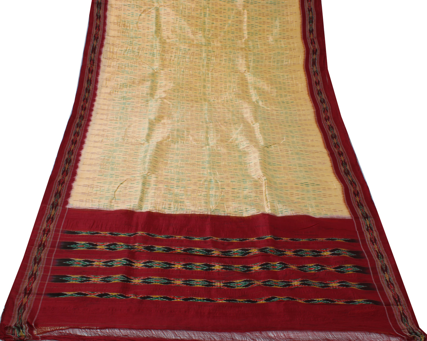 Sushila Vintage Cream Saree Pure Silk Hand Woven Ikat Patola Sari Craft Fabric