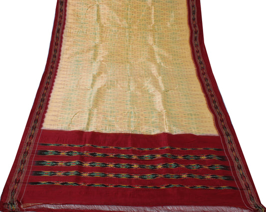 Sushila Vintage Cream Saree Pure Silk Hand Woven Ikat Patola Sari Craft Fabric
