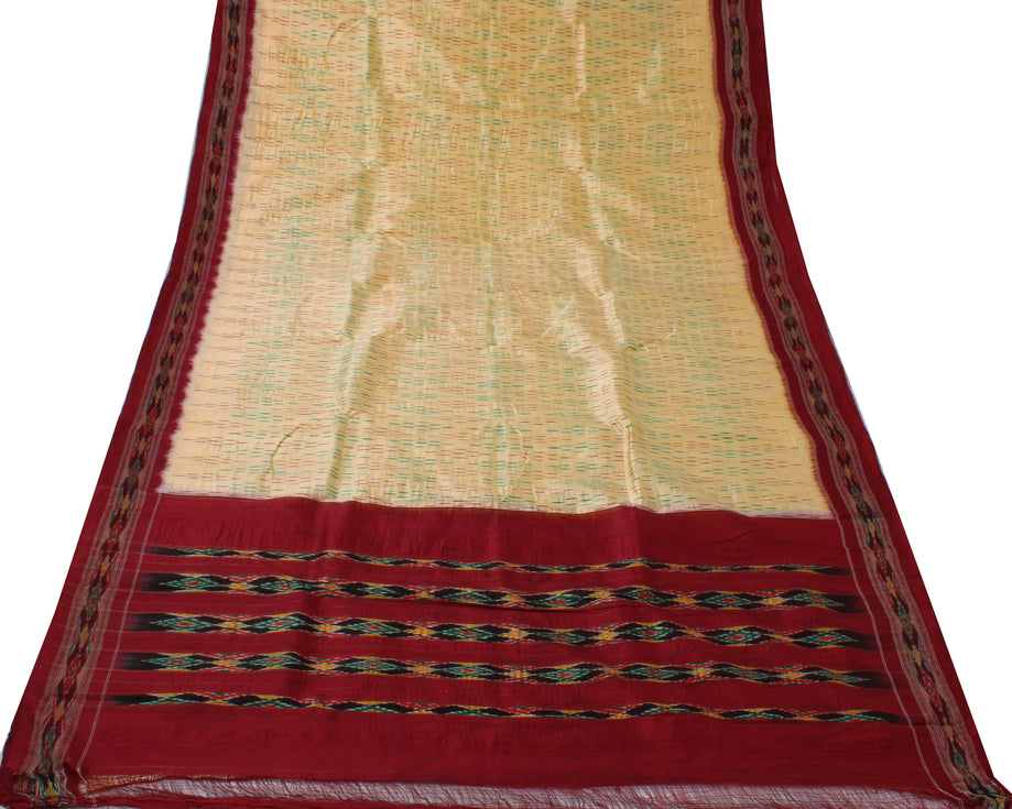 Sushila Vintage Cream Saree Pure Silk Hand Woven Ikat Patola Sari Craft Fabric