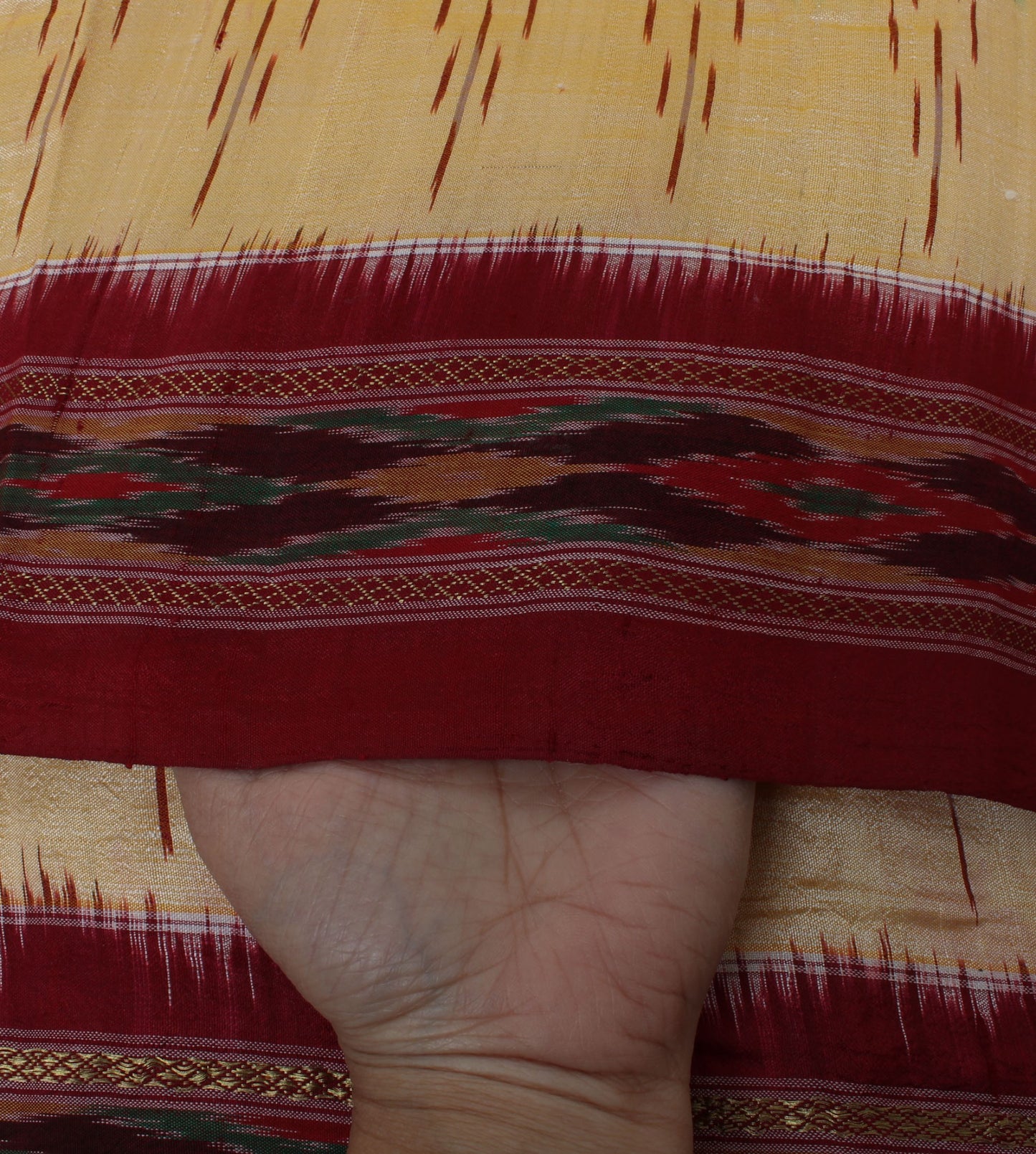 Sushila Vintage Cream Saree Pure Silk Hand Woven Ikat Patola Sari Craft Fabric