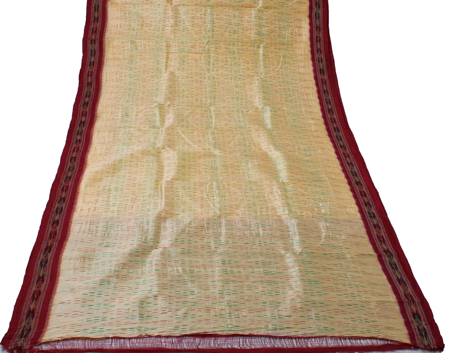Sushila Vintage Cream Saree Pure Silk Hand Woven Ikat Patola Sari Craft Fabric