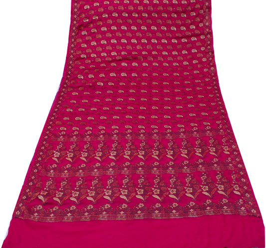 Sushila Vintage Magenta Saree Pure Georgette Silk All Over Woven Sari 5YD Fabric