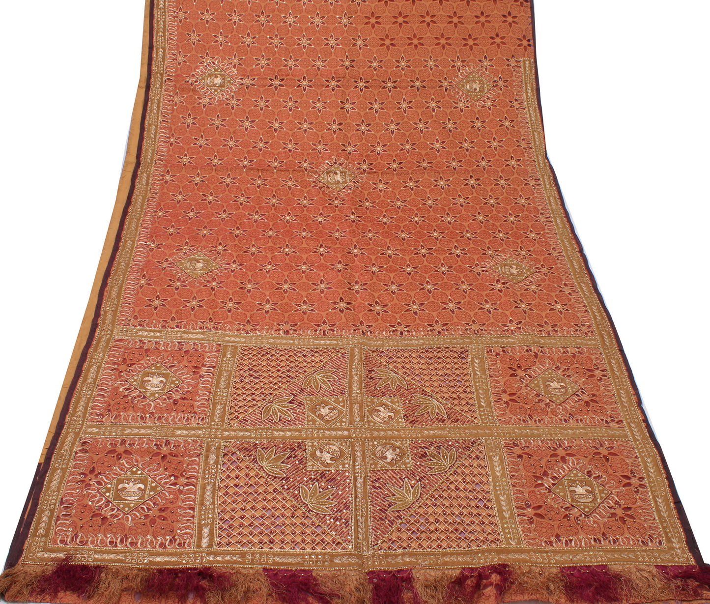 Sushila Vintage Peach HEAVY Saree Pure Silk Zari Embroidered Floral Sari Fabric
