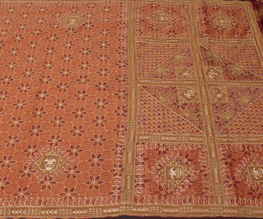 Sushila Vintage Peach HEAVY Saree Pure Silk Zari Embroidered Floral Sari Fabric