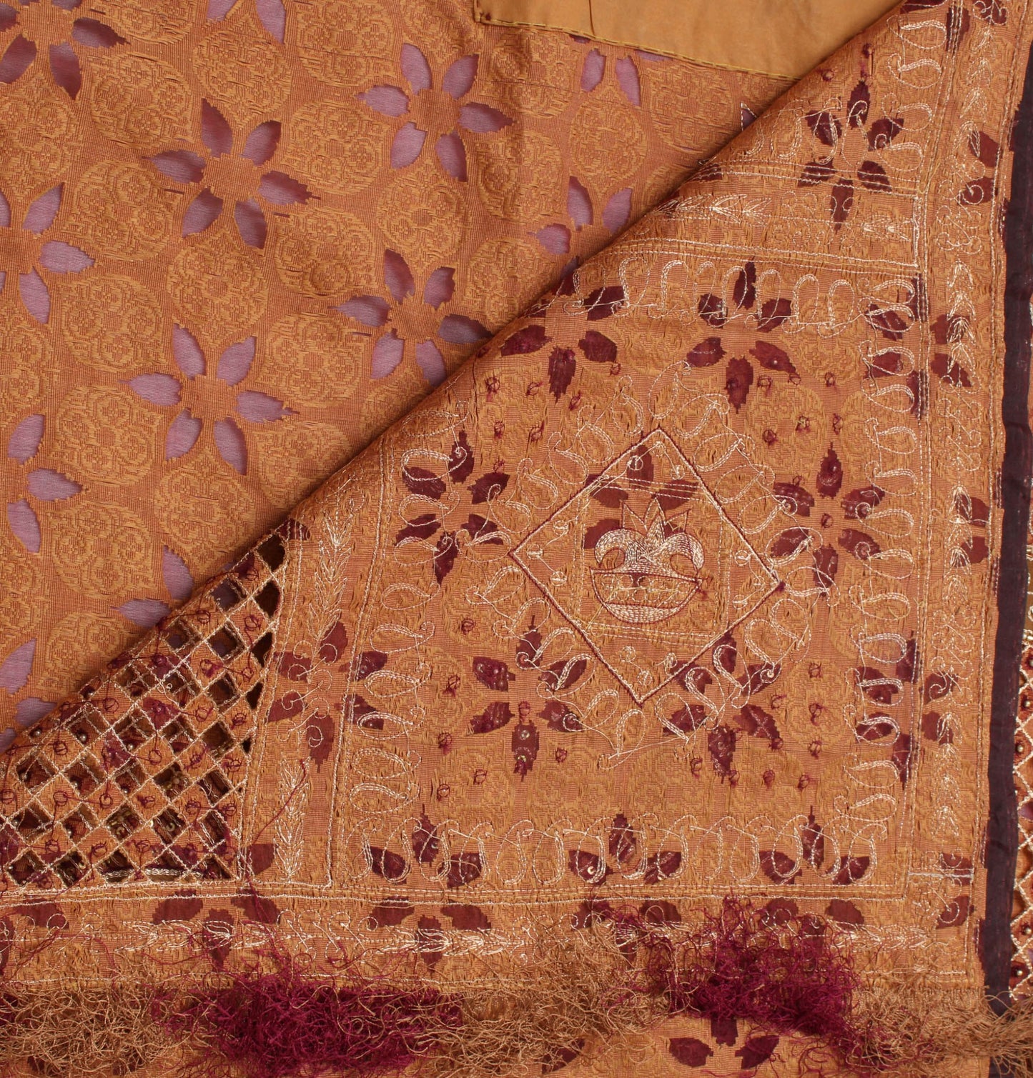 Sushila Vintage Peach HEAVY Saree Pure Silk Zari Embroidered Floral Sari Fabric