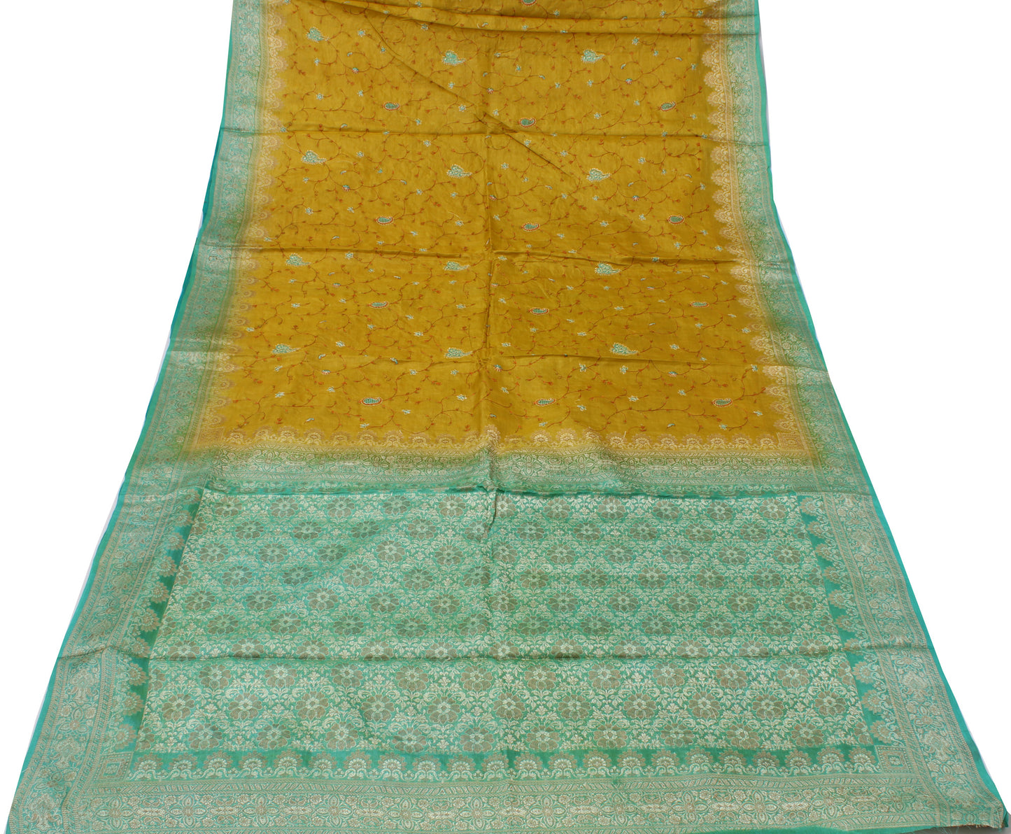 Sushila Vintage Green Saree Pure Silk Woven & Embroidered Floral Sari Fabric