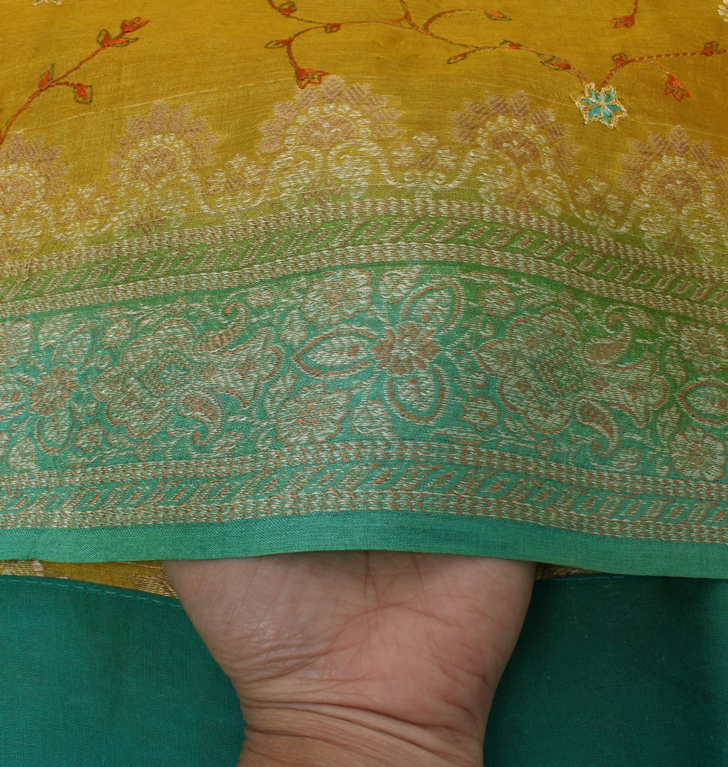 Sushila Vintage Green Saree Pure Silk Woven & Embroidered Floral Sari Fabric