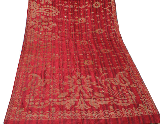 Sushila Vintage Red Purple Indian Saree Pure Silk Woven Floral Sari Decor Fabric