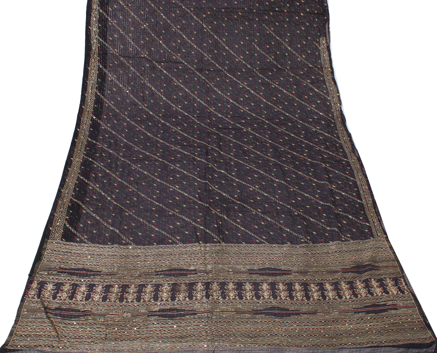 Sushila Vintage Blue Indian Sari Blend Silk Printed Aari Work Sari 5 Yard Fabric