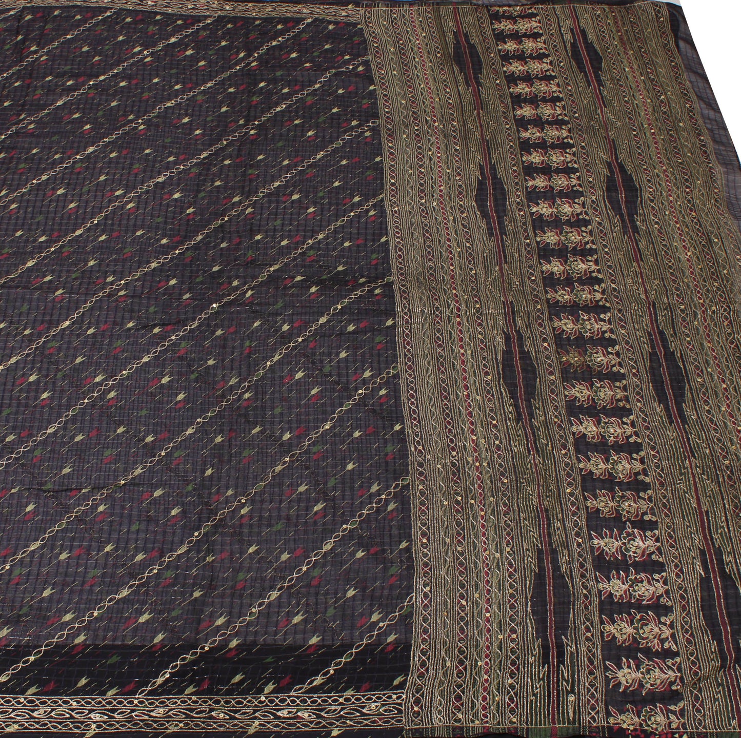 Sushila Vintage Blue Indian Sari Blend Silk Printed Aari Work Sari 5 Yard Fabric